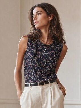 6397 Sleeveless Navy Floral Sheer Burnout Tank Top Size XS